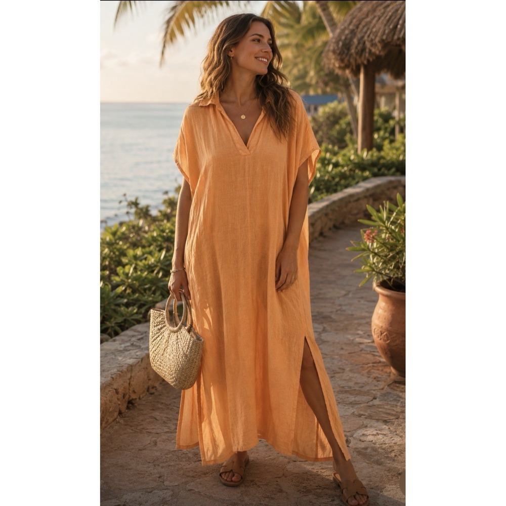 tahari women linen blend midi dress medium coastal beach vacation tropical